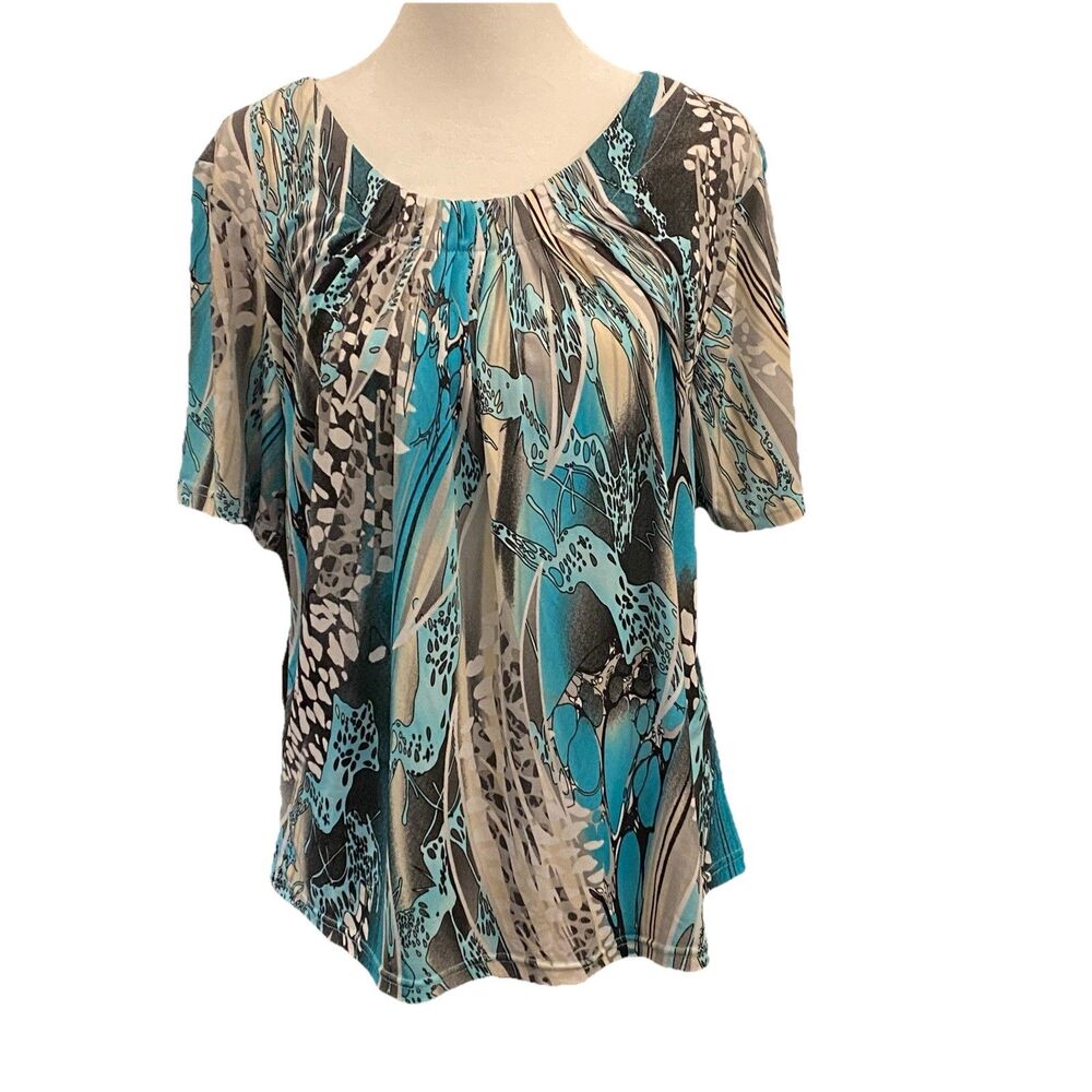 Southern Lady Blouse Watercolor Short Sleeve Pullover Pleated Front MED